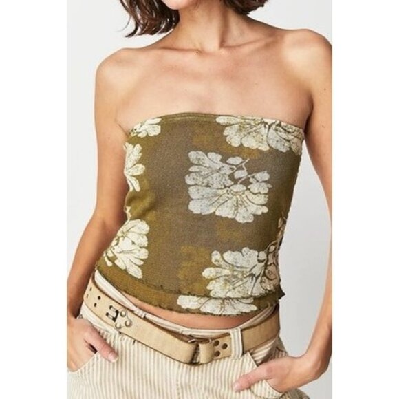 NWT FREE PEOPLE Poppy Smocked Tropical Tube Top Boho Green Olive Size M - Picture 1 of 12